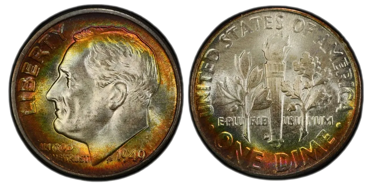 obverse and reverse of a 1949 D Roosevelt dime